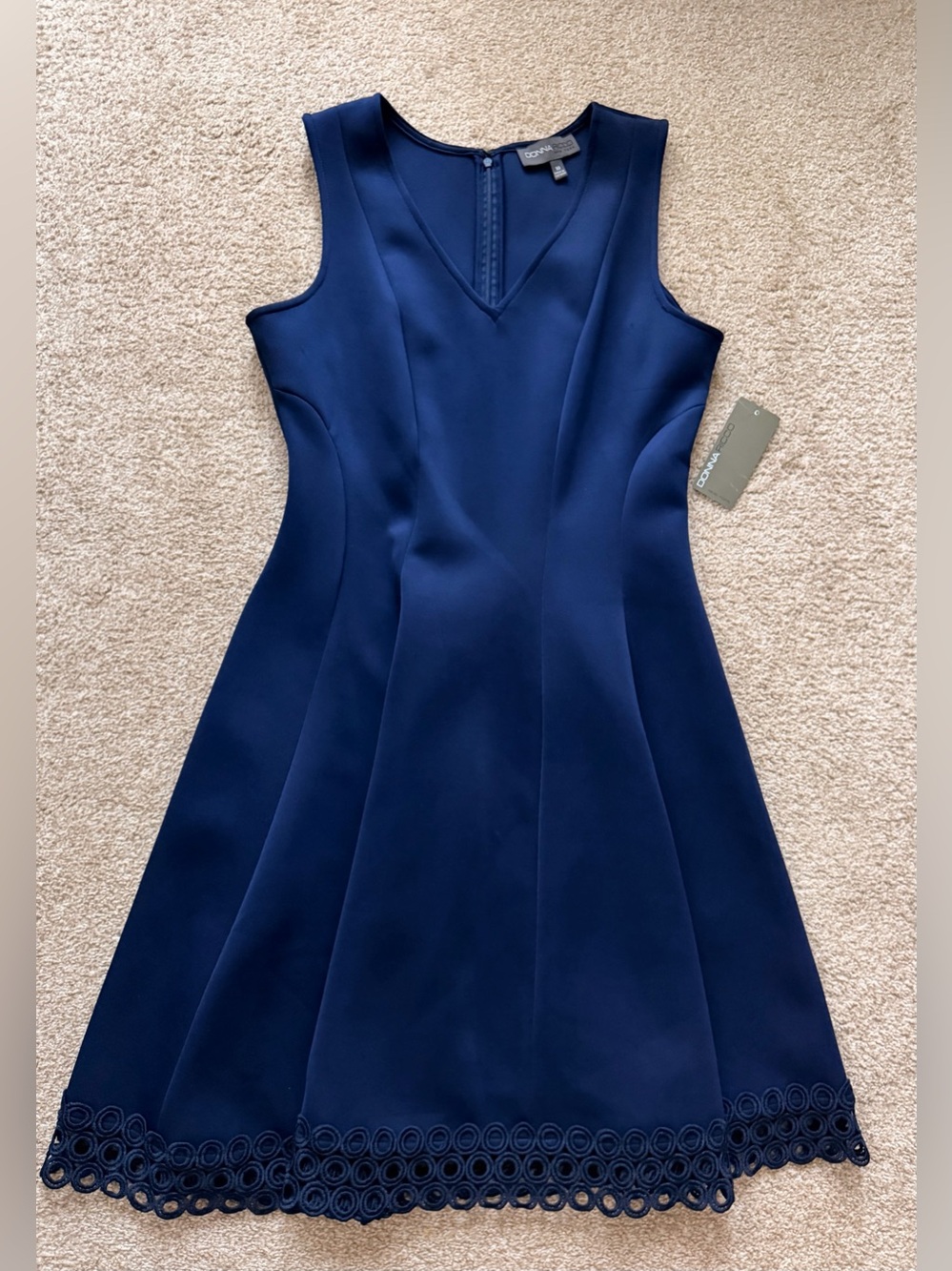 Donna Ricco Navy V-Neck A-Line Dress with Lace Hem - Picture 4 of 9